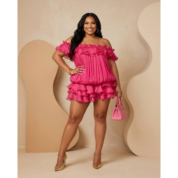 PLUS RELAXED SIL LOW WAIST FLARED RUFFLE MINI DRESS