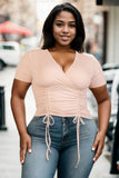 Plus Size Ribbed Ruched Drawstring Surplice Top