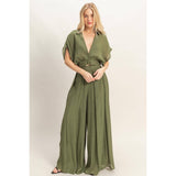 Collared Wrap Top & Wide-Leg Pants Set