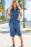 Sleeveless Button Down Midi Denim Dress