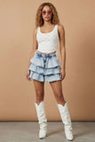 Blue Denim Ruffle Tiered Shorts