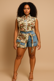 Jacquard  Floral Panel Denim Utility Shorts