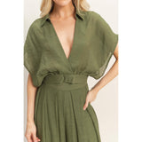 Collared Wrap Top & Wide-Leg Pants Set