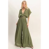 Collared Wrap Top & Wide-Leg Pants Set