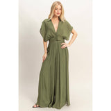 Collared Wrap Top & Wide-Leg Pants Set