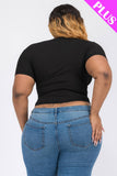Plus Size Ribbed Ruched Drawstring Surplice Top