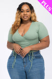 Plus Size Ribbed Ruched Drawstring Surplice Top