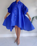 Swing Dress/ Faux Silk / Ruffle Sleeve - Royal