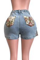 Jacquard  Floral Panel Denim Utility Shorts